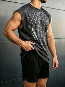 GymBeat Reflective Line Minimalist Print Fitness Sleeveless Tank Top Men's Sports Muscle Training Running Loose Fit T-Shirt, Gym,Feel,Sporty Style - Dark Grey - View 5