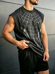 GymBeat Reflective Line Minimalist Print Fitness Sleeveless Tank Top Men's Sports Muscle Training Running Loose Fit T-Shirt, Gym,Feel,Sporty Style - Dark Grey - View 4
