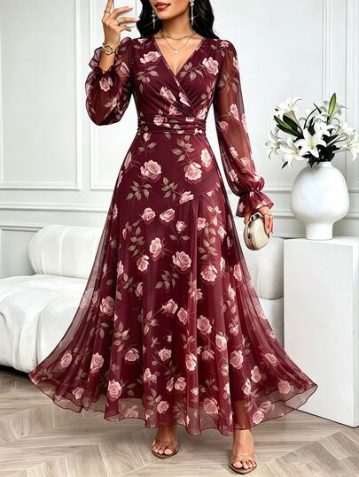 Fleurora Women's Floral Dress Ruched Waist Burgundy Elegant Romantic Wedding Date Dinner Outfits Casual Long Peasant Cocktail Party Fall