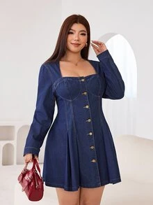 Solflare 大尺碼女款鈕扣休閒日常夏季旅行牛仔洋裝 - 藍色 - 查看 5