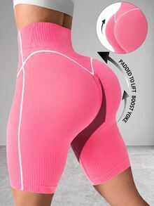 Slayform Slayform 1 pieza Shorts deportivos básicos para mujer con cintura ancha acanalada y bloques de color, para correr, fitness, entrenamiento, ciclismo, baloncesto y gimnasio, rosa claro, suaves, de verano - Rosa Chicle - Ver 3