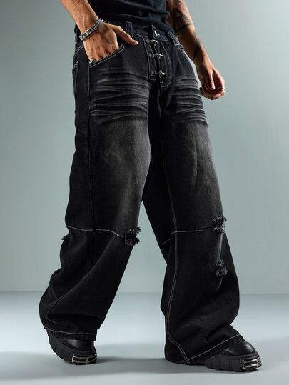 Street Life Men's Casual Street Washed Slant Pocket Airplane Buckle Denim Jeans