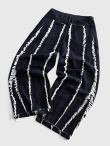 ROMWE MEN Street Life Herrjeans i denim med fransig fåll, avslappnade och mångsidiga för vardagsbruk - Blå - Visa 9