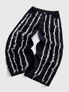 ROMWE MEN Street Life Herrjeans i denim med fransig fåll, avslappnade och mångsidiga för vardagsbruk - Blå - Visa 8