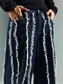 ROMWE MEN Street Life Herrjeans i denim med fransig fåll, avslappnade och mångsidiga för vardagsbruk - Blå - Visa 2