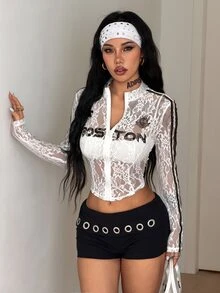 Coolane جاكيت نسائي بطراز كوري مثير من الدانتيل الشفاف مع سحاب وأكمام طويلة - أبيض - مشاهدة 3