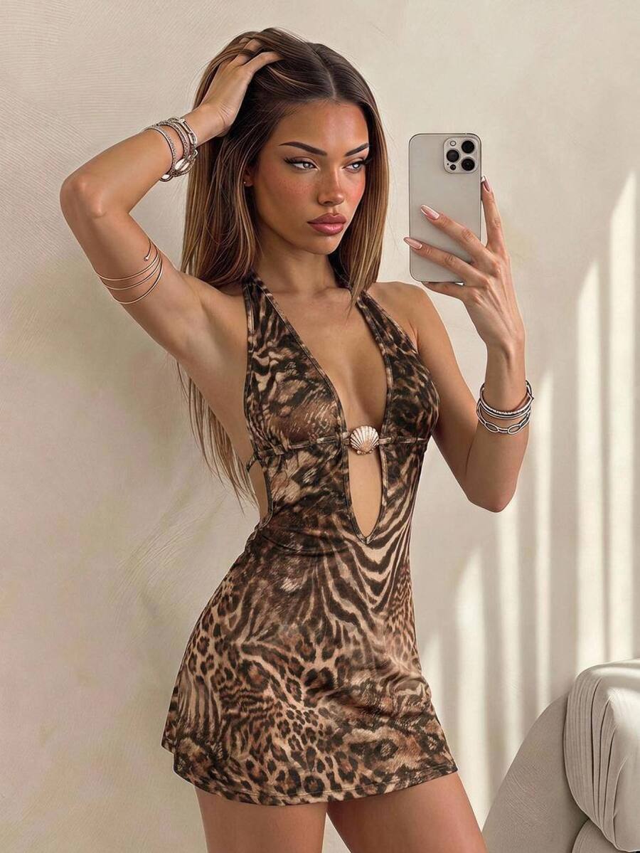 SHEIN ICON Women's Backless Party Beach Vacation Club Night Out Brown Zebra Print Sexy Tropical Halter Neck Mini Dress Summer - Multicolor - View 1