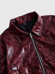 ROMWE MEN Street Life Men's Leopard Print Long Sleeve Zipper Front PU Leather Jacket - Burgundy - View 3