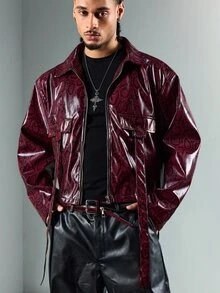 ROMWE MEN Street Life Men's Leopard Print Long Sleeve Zipper Front PU Leather Jacket - Burgundy - View 7