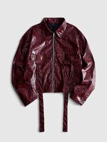 ROMWE MEN Street Life Men's Leopard Print Long Sleeve Zipper Front PU Leather Jacket - Burgundy - View 8