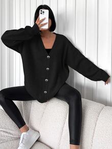 SHEIN كارديجان كاجوال نسائي مقاس كبير بلون أسود سادة مع تفاصيل أزرار أمامية وأكتاف منسدلة - الأسود - مشاهدة 3