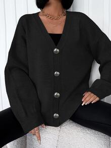 SHEIN كارديجان كاجوال نسائي مقاس كبير بلون أسود سادة مع تفاصيل أزرار أمامية وأكتاف منسدلة - الأسود - مشاهدة 1