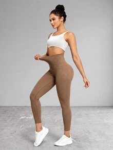 Slayform Women's Plus Size Solid Color High Waist Daily Fitness Sports Leggings - Coffee Brown - View 2