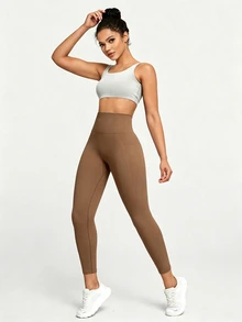 Slayform Women's Plus Size Solid Color High Waist Daily Fitness Sports Leggings - Coffee Brown - View 4