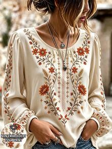 Selamara Women's Floral Embroidered Round Neck Long Sleeve Casual Shirt - Multicolor - View 4