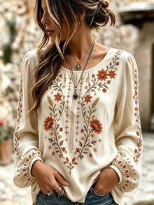 Selamara Women's Floral Embroidered Round Neck Long Sleeve Casual Shirt - Multicolor - View 3