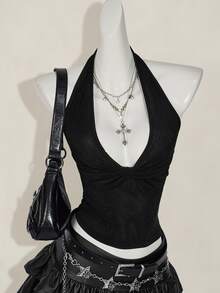 SHEIN ICON 休閒哥德風性感深V領打結掛脖背心上衣，黑色，適合夏日夜店外訪、萬聖節 - 黑色 - 查看 11