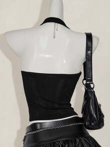 SHEIN ICON 休閒哥德風性感深V領打結掛脖背心上衣，黑色，適合夏日夜店外訪、萬聖節 - 黑色 - 查看 2