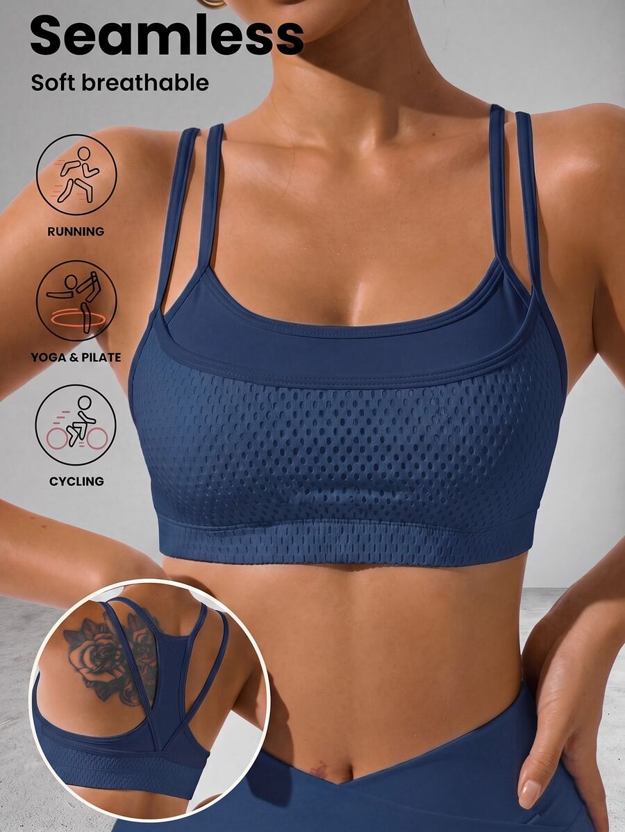 Slayform Slayform Women's Solid Color Double Strap Daily Fitness Sports Bra - Blue - View 1