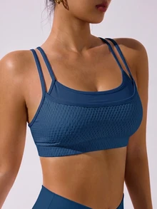 Slayform Slayform Women's Solid Color Double Strap Daily Fitness Sports Bra - Blue - View 5