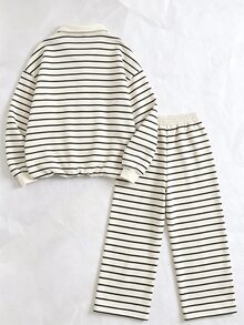 Lalippa 女款條紋拉鍊半開襟長袖運動衫與長褲休閒兩件套 - 彩色 - 查看 3
