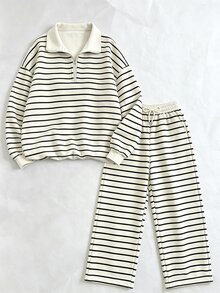 Lalippa 女款條紋拉鍊半開襟長袖運動衫與長褲休閒兩件套 - 彩色 - 查看 7