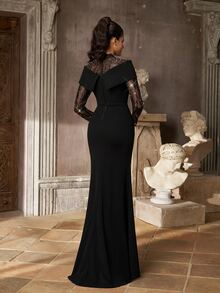 Aureia Elegant Black Sequin Embroidered Sheer Mesh Stand Collar Long Sleeve Bodycon Mermaid Floor Length Train Formal Evening Prom Wedding Guest Party Maxi Gown - Black - View 3