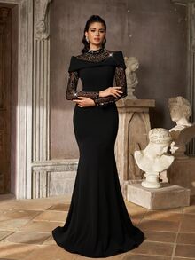 Aureia Elegant Black Sequin Embroidered Sheer Mesh Stand Collar Long Sleeve Bodycon Mermaid Floor Length Train Formal Evening Prom Wedding Guest Party Maxi Gown - Black - View 1