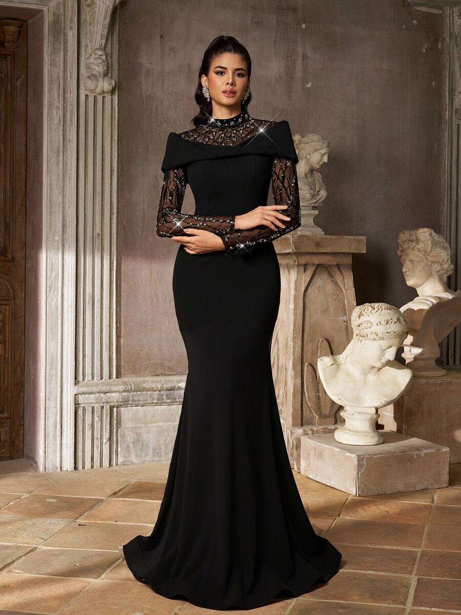 Aureia Elegant Black Sequin Embroidered Sheer Mesh Stand Collar Long Sleeve Bodycon Mermaid Floor Length Train Formal Evening Prom Wedding Guest Party Maxi Gown - Black - View 1