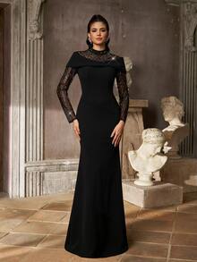 Aureia Elegant Black Sequin Embroidered Sheer Mesh Stand Collar Long Sleeve Bodycon Mermaid Floor Length Train Formal Evening Prom Wedding Guest Party Maxi Gown - Black - View 5