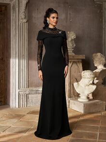 Aureia Elegant Black Sequin Embroidered Sheer Mesh Stand Collar Long Sleeve Bodycon Mermaid Floor Length Train Formal Evening Prom Wedding Guest Party Maxi Gown - Black - View 7