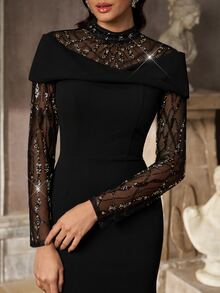 Aureia Elegant Black Sequin Embroidered Sheer Mesh Stand Collar Long Sleeve Bodycon Mermaid Floor Length Train Formal Evening Prom Wedding Guest Party Maxi Gown - Black - View 4