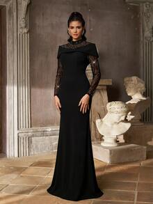 Aureia Elegant Black Sequin Embroidered Sheer Mesh Stand Collar Long Sleeve Bodycon Mermaid Floor Length Train Formal Evening Prom Wedding Guest Party Maxi Gown - Black - View 6