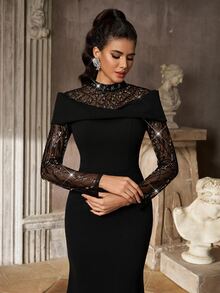 Aureia Elegant Black Sequin Embroidered Sheer Mesh Stand Collar Long Sleeve Bodycon Mermaid Floor Length Train Formal Evening Prom Wedding Guest Party Maxi Gown - Black - View 2