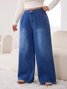 Solflare Quần jeans ống rộng cạp cao size lớn - Màu xanh lam - Xem 3