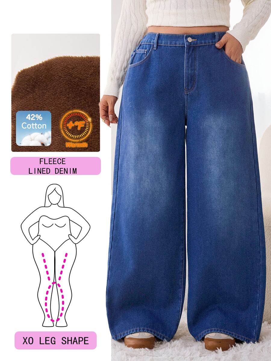 Solflare Quần jeans ống rộng cạp cao size lớn - Màu xanh lam - Xem 1