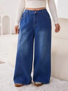 Solflare Quần jeans ống rộng cạp cao size lớn - Màu xanh lam - Xem 4