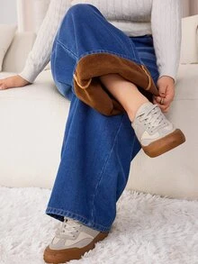 Solflare Quần jeans ống rộng cạp cao size lớn - Màu xanh lam - Xem 6