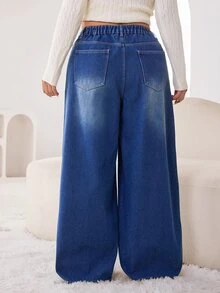 Solflare Quần jeans ống rộng cạp cao size lớn - Màu xanh lam - Xem 2