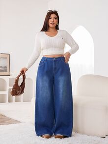 Solflare Quần jeans ống rộng cạp cao size lớn - Màu xanh lam - Xem 5