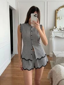 SHEIN Frenchy Women's Black & White Plaid Wavy Ruffle Trim Commuter 2 Pieces Set - Black and White - View 3