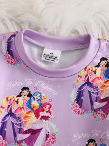 1套女童幼兒可愛洋紅色與海軍藍公主圖案長袖上衣與長褲套裝，柔軟針織修身設計，秋冬日常居家睡衣 - 紫色 - 查看 6