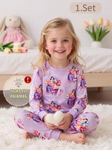 1套女童幼兒可愛洋紅色與海軍藍公主圖案長袖上衣與長褲套裝，柔軟針織修身設計，秋冬日常居家睡衣 - 紫色 - 查看 4
