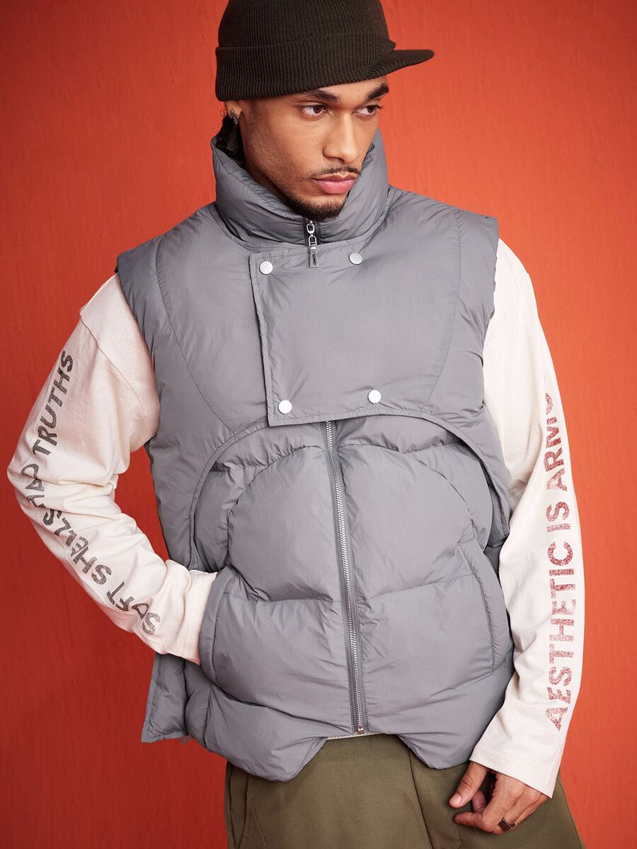 ROMWE MEN Street Life Men's Winter Warm Stand Collar Zip-Up Vest - Grey - View 1