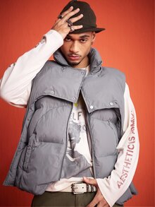 ROMWE MEN Street Life Men's Winter Warm Stand Collar Zip-Up Vest - Grey - View 6