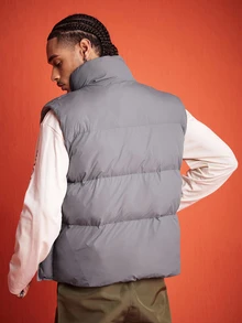 ROMWE MEN Street Life Men's Winter Warm Stand Collar Zip-Up Vest - Grey - View 3