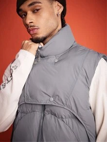 ROMWE MEN Street Life Men's Winter Warm Stand Collar Zip-Up Vest - Grey - View 2