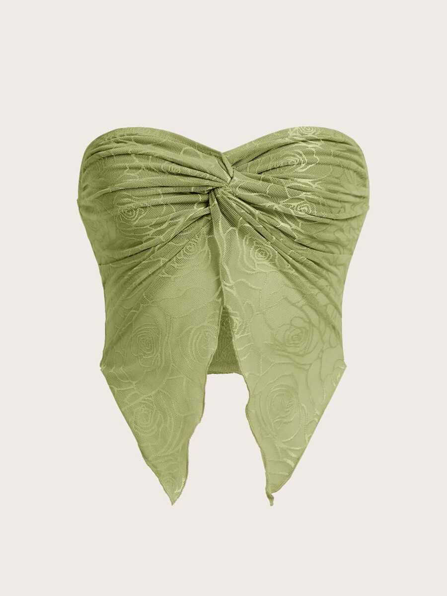 SHEIN ICON Spring Twist Front Split Hem Tube Green Top - Olive Green - View 1