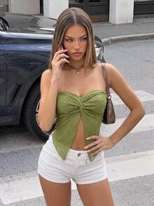 SHEIN ICON Spring  Twist Front Split Hem Tube Green Top - Olive Green - View 3