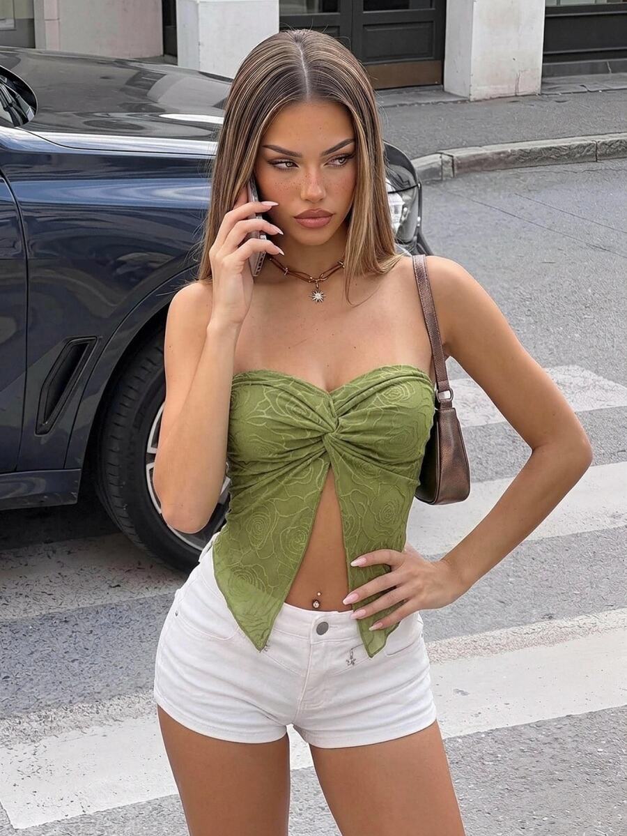 SHEIN ICON Spring Twist Front Split Hem Tube Green Top - Olive Green - View 1